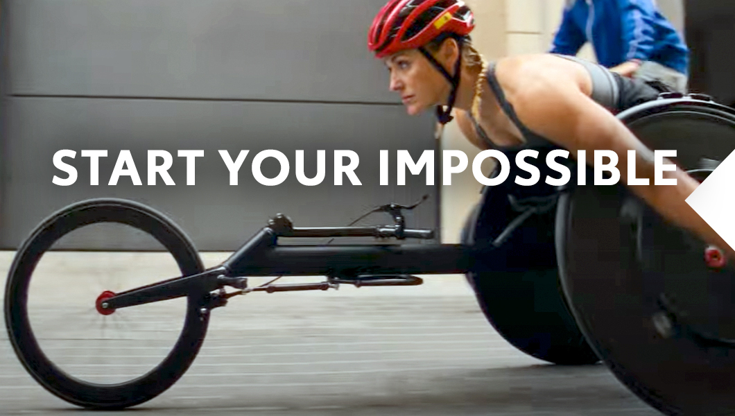 A still frame from a Toyota commercial with a Paralympic athlete and the slogan Start Your Impossible